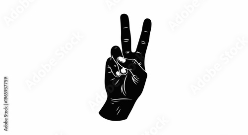 Black and white illustration of a hand making a peace sign
