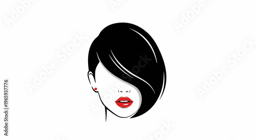 Stylized portrait of a woman with black hair, red lips, and a red earring