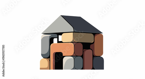 Abstract, simplified house shape constructed from rounded, stacked blocks