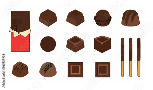 Chocolate vector set assorted chocolate bars truffles and bonbons flat design collection isolated on white background