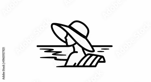 Stylized minimalist drawing of a person with a hat in water