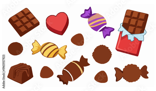 Cartoon chocolate collection colorful candy and sweet treats vector set isolated on white