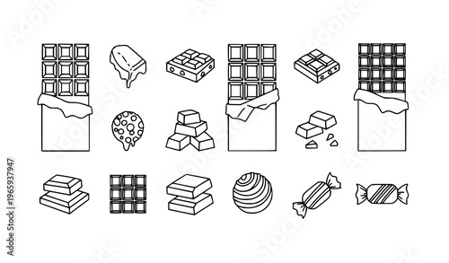 Minimal chocolate icons vector set simple outline candy and dessert symbols isolated on white background