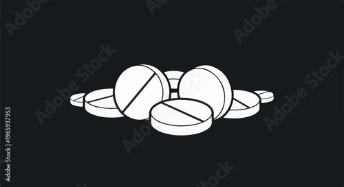 A simple line illustration shows several white, round pills on a dark background