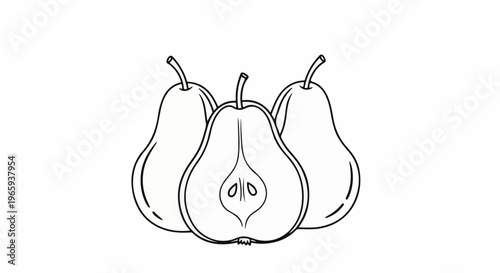 A simple line drawing shows three pears, with one cut in half to reveal seeds