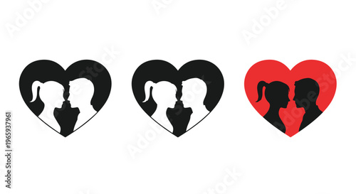 Three heart-shaped silhouettes of a couple in black and red on a white background.