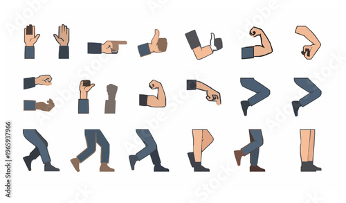 Cartoon arms and legs vector set with hand gestures and movement poses isolated on white background