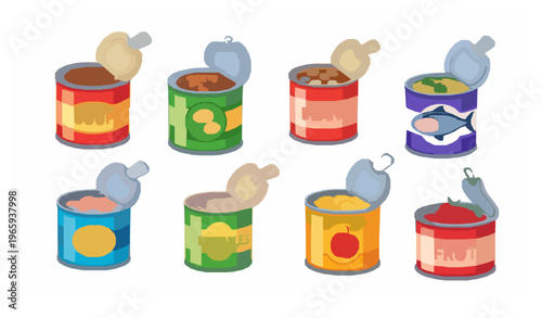 Cartoon food cans vector set canned goods collection with colorful labels isolated on white