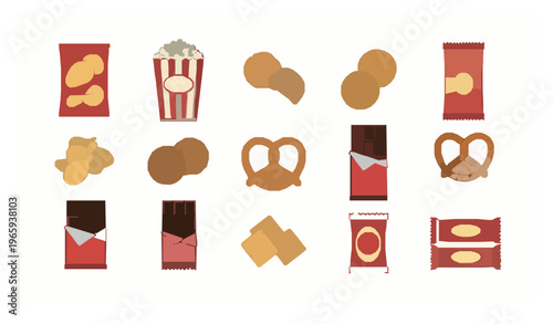 Snack food vector set chips popcorn cookies and sweets flat design collection isolated on white background