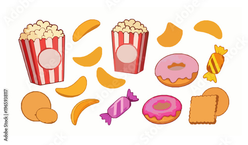Cartoon snack collection colorful junk food vector set playful treats isolated on white