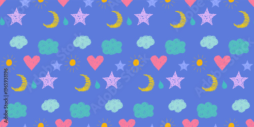Doodle Stroke Moon and Cloud Childish Seamless Pattern. Cute baby Shower Party Wallpaper Decoration. Hand Drawn Funny Sketch Cute Element. Sweet Dream Kid Textile Swatch Print. Good Night Fabric Theme