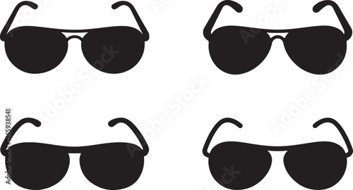 Four pairs of sunglasses icons with various frame styles on white background