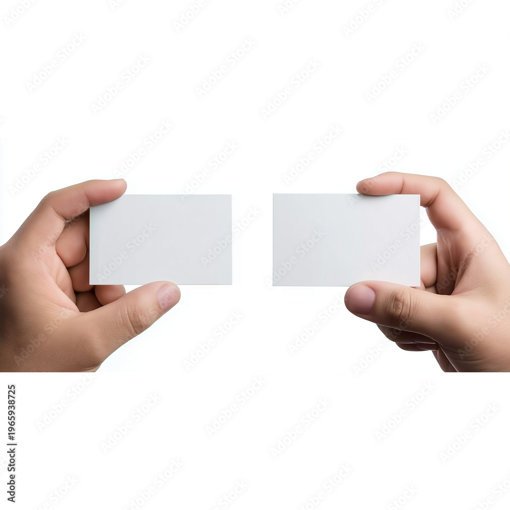 Obraz premium two hands holding a blank white business card, front and back side, isolated on a white background.