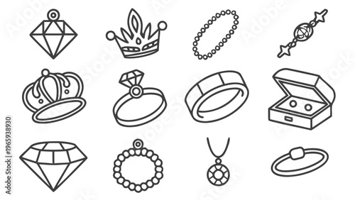 Jewelry icons, 10 black line art symbols, jewelry set, outline style, black and white