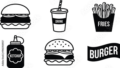 Fast food icons set with burger, fries, drink and ketchup vector illustration