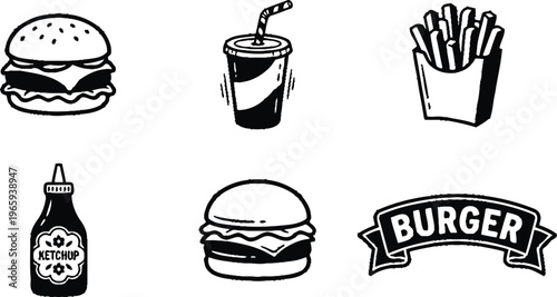 Fast food icons set with burger, fries, soda, and ketchup vector illustration