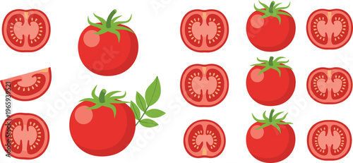 Tomato set with whole fruits slices and leaves in flat vector style, fresh red vegetable collection isolated on white background for healthy food design