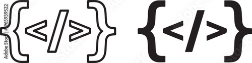 Black and white programming code symbols with outline and solid curly brackets and slash