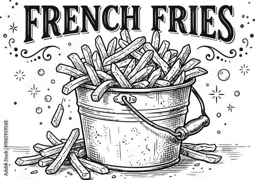 Bon appetit French fries in a bucket vector illustration