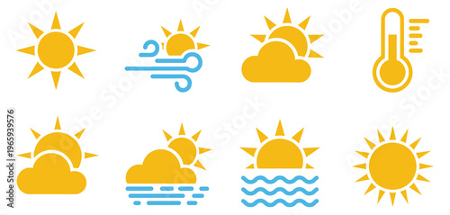 Set of summer weather icons featuring bright sun symbols, clouds, heat thermometer, sunbeams, and sunny day atmospheric conditions designed for clear forecast visualization, modern UI elements