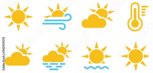 Set of summer weather icons featuring bright sun symbols, clouds, heat thermometer indicators, sunbeams, and sunny atmospheric conditions, created as a clean vector icon set ideal for weather apps