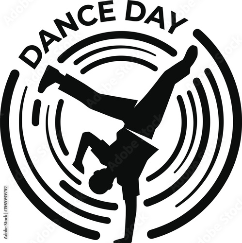 A minimalist vector graphic illustration of a dancer performing a handstand in a circle with the words 'Dance Day' above.