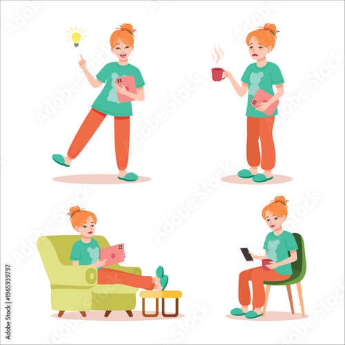 Freelance girl lifestyle set, working from home illustrations