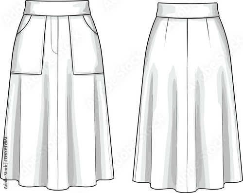 A line midi skirt vector illustration, front and back view, high waist pocket design, casual women clothing template, fashion flat sketch, modern apparel concept