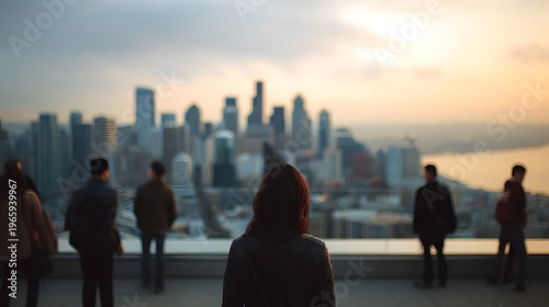 Figures on a rooftop gaze at a vast atmospheric city skyline during twilight embodying urban contemplation and scenic beauty