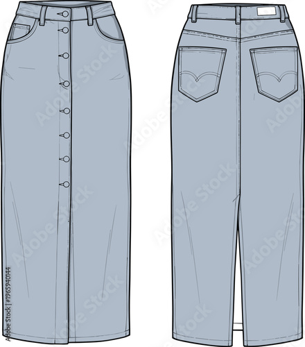 Denim midi skirt vector illustration, front and back view, button front design, casual women clothing template, fashion flat sketch, modern apparel concept