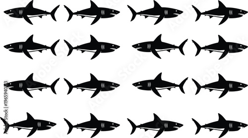 Shark silhouettes collection, marine predator icons, ocean wildlife, aquatic animals, fish symbols, black shapes isolated on white background set