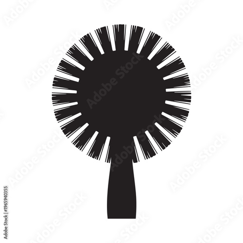 A simplistic black silhouette of a dandelion seed head with a slender stem