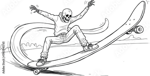 Skeleton skateboarder performing dynamic trick on longboard, spooky Halloween character in street style action, edgy monochrome line art illustration for urban sports and horror themes