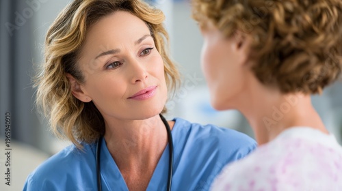Medical professional speaks with patient in hospital setting during day