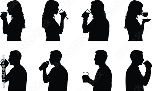 Silhouette people drinking beverages, coffee tea juice beer, lifestyle habits, hydration concept, social drinking, isolated profiles, daily routine illustration