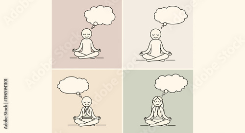 Stick Figure Meditating in Lotus Position with Thought Bubbles on Soft Colored Panels in Bright Studio
