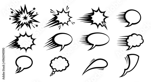Set of dynamic comic style speech bubbles and explosion bursts, action and communication elements, isolated white background.