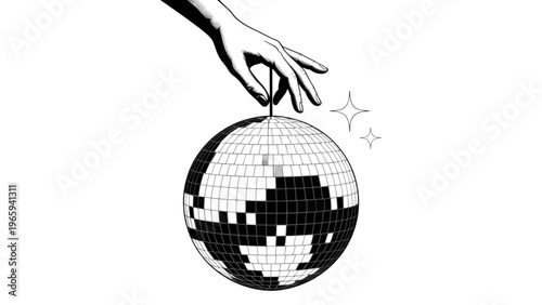 A hand holding a small globe with a stylized design and a ribbon tied around it Vector