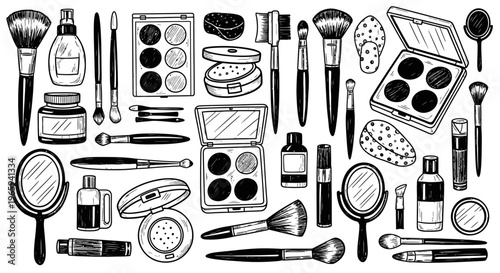 Collection of hand drawn makeup and beauty products, cosmetic tools flat lay doodle, isolated white background.