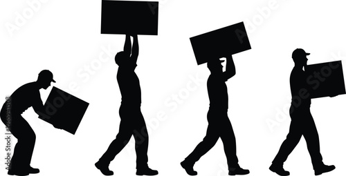 Silhouette workers carrying boxes, manual labor concept, warehouse logistics, lifting techniques, industrial workforce, moving heavy load, teamwork concept