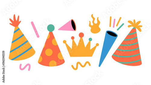 Colorful party hats with crowns and celebratory decorations Vector