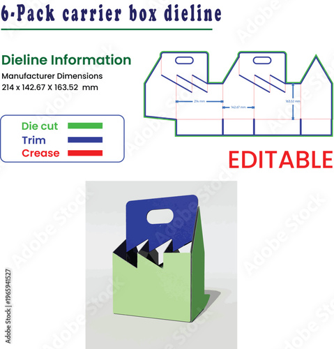 6 Pack Beverage Carrier Box Dieline Template With Dimensions And Instructions vector illustration