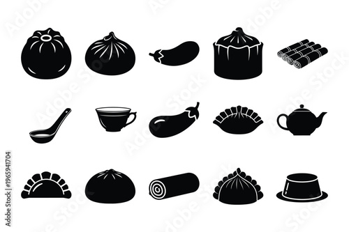 A collection of black silhouette icons depicting various asian foods teaware and vegetable items