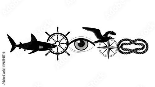 Mysterious nautical and marine symbols with a shark and eye illustration Vector