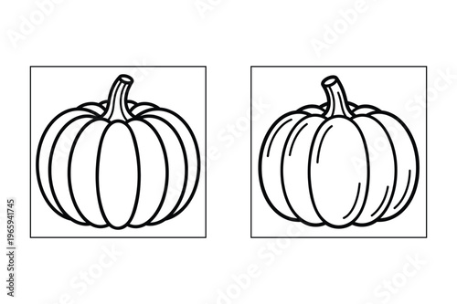 Two simple black and white line drawings depict plump pumpkins within square frames high quality