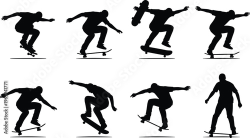 Skateboarder silhouette collection, skating tricks, urban sport, extreme activity, freestyle moves, youth culture, street style, dynamic action poses illustration set