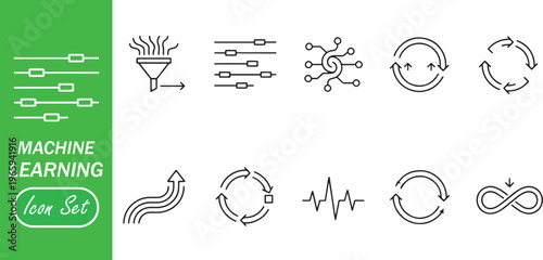 Machine Learning and Data Optimization Icon Set - AI Workflow, Iteration Cycle, and Data Filtering Symbols