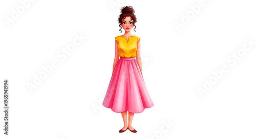 A cartoon woman in yellow top and pink skirt isolated on transparent background