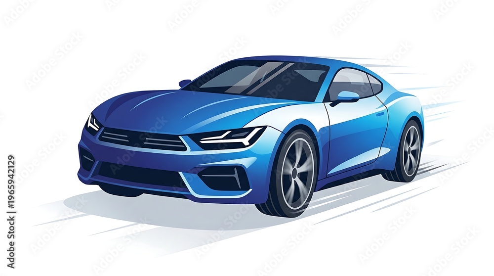 Naklejka premium Dynamic Illustration of a Sleek Blue Modern Sports Car Speeding on a White Background
