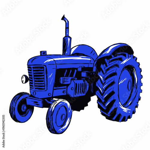 A blue tractor with large rear tire